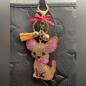 New Chihuahua Dog Crystal & Faux Leather Purse Charm Keychain w/ Pink Bow - 6”